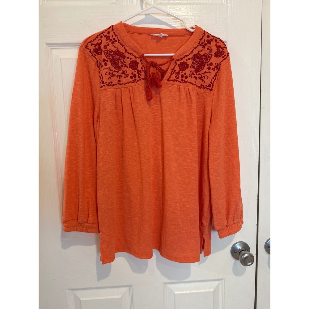 Westbound Embroidered Peasant Top Long Sleeve Blouse Tunic Orange L‎
